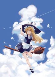 Rule 34 | 1girl, absurdres, apron, black dress, black footwear, black hat, blonde hair, blue sky, braid, broom, broom riding, cloud, commentary, dress, flying, frilled apron, frills, full body, hand on headwear, hat, highres, kirisame marisa, long hair, mary janes, midair, open mouth, shoes, side braid, single braid, sky, smile, socks, solo, touhou, waist apron, white apron, white socks, witch, witch hat, yellow eyes, zeppeki shoujo