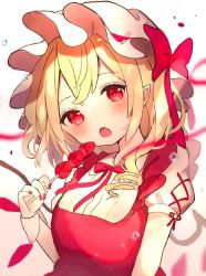 Rule 34 | 1girl, :o, blurry, blurry background, blush, bow, bowtie, breasts, chikuwa (tikuwaumai ), depth of field, fang, flandre scarlet, food, fruit, hair bow, hat, head tilt, highres, holding, holding skewer, looking at viewer, medium breasts, mob cap, one side up, puffy short sleeves, puffy sleeves, red bow, red bowtie, red eyes, red vest, short hair, short sleeves, simple background, skewer, skin fang, solo, strawberry, touhou, upper body, vest, white background, white hat