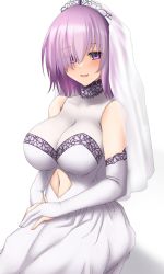 Rule 34 | 1girl, clothing cutout, dress, elbow gloves, eyes visible through hair, fate/grand order, fate (series), gloves, gown, hair over one eye, highres, looking at viewer, mash kyrielight, navel, navel cutout, open mouth, purple eyes, purple hair, sawatarou (roto), sitting, smile, solo, wedding dress, white background, white gloves