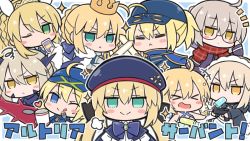 Rule 34 | &gt; &lt;, adjusting eyewear, ahoge, animal ears, armor, artoria caster (fate), artoria caster (second ascension) (fate), artoria pendragon (all), artoria pendragon (alter swimsuit rider) (fate), artoria pendragon (alter swimsuit rider) (second ascension) (fate), artoria pendragon (fate), artoria pendragon (lancer alter) (fate), artoria pendragon (swimsuit archer) (fate), artoria pendragon (swimsuit archer) (first ascension) (fate), artoria pendragon (swimsuit ruler) (fate), beret, blonde hair, blue eyes, blue headwear, blue jacket, blue neckwear, blush, commentary request, crown, doyagao, fate/grand order, fate (series), food, frilled hairband, frills, fur-trimmed jacket, fur trim, glasses, green eyes, hair ornament, hairband, hat, jacket, multiple girls, mysterious heroine x (fate), mysterious heroine x alter (fate), mysterious heroine x alter (first ascension) (fate), mysterious heroine xx (fate), nejikirio, one eye closed, open mouth, popsicle, rabbit ears, rhongomyniad (fate), saber (fate), scarf, smile, smug, sparkle, surprised, tongue, tongue out, translation request, water gun, yellow eyes