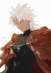 Rule 34 | 1boy, amakusa shirou (fate), cape, cross, cross necklace, cross print, dark-skinned male, dark skin, earrings, elaine-didaea, fate/grand order, fate (series), highres, jewelry, jinbaori, long hair, long sleeves, looking at viewer, male focus, necklace, priest, red cape, short hair, smile, stole, white hair, yellow eyes