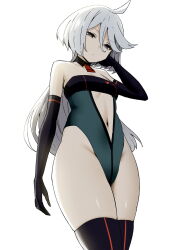 Rule 34 | 1girl, bare shoulders, black gloves, black thighhighs, breasts, commentary request, cowboy shot, detached collar, elbow gloves, expressionless, gloves, grey eyes, gundam, gundam suisei no majo, highleg, highleg leotard, highres, leotard, long hair, looking at viewer, miorine rembran, navel, simple background, sky-freedom, small breasts, solo, thighhighs, thighs, white background, white hair