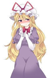 Rule 34 | 1girl, blonde hair, blush, choker, dress, elbow gloves, embarrassed, gloves, hammer (sunset beach), hat, long hair, looking at viewer, own hands clasped, own hands together, purple dress, purple eyes, ribbon choker, simple background, solo, touhou, white background, yakumo yukari