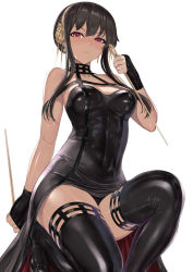 Rule 34 | 1girl, bare shoulders, black dress, black footwear, black gloves, black hair, black thighhighs, boots, breasts, commentary request, dagger, dress, dual wielding, earrings, fingerless gloves, gloves, hakaba (dairiseki), highres, holding, holding dagger, holding knife, holding weapon, jewelry, knife, large breasts, looking at viewer, on one knee, pink eyes, short hair with long locks, sidelocks, solo, spy x family, stiletto (weapon), thigh boots, thighhighs, two-sided dress, two-sided fabric, weapon, yor briar