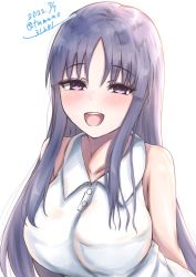 Rule 34 | 1girl, :d, arms behind back, assault lily, bare arms, bare shoulders, blush, breasts, buttons, collarbone, commentary, dated, large breasts, long hair, looking at viewer, open mouth, polo shirt, purple eyes, purple hair, shirai yuyu, shirt, sidelocks, simple background, sleeveless, sleeveless shirt, smile, solo, tamaao (tamaao31241), teeth, twitter username, upper body, upper teeth only, white background, white shirt