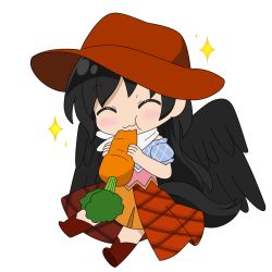 Rule 34 | 1girl, bandana, black hair, black wings, brown footwear, brown headwear, carrot, closed eyes, closed mouth, eating, food, full body, highres, holding, holding food, horse tail, kurokoma saki, long hair, multicolored clothes, pegasus wings, rizleting, short sleeves, simple background, solo, star (symbol), tail, touhou, white background, white bandana, wings