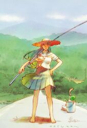Rule 34 | 1girl, barefoot, bucket, day, fish, fishing rod, floating clothes, floating hair, full body, green hair, hand on own hip, hat, highres, hill, holding, holding fishing rod, long hair, looking at viewer, neckerchief, oidemaseri, outdoors, pleated skirt, ramb chop, road, sailor collar, seri (oidemaseri), shirt, signature, skirt, solo, straw hat, sun hat, tree, white shirt