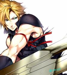 Rule 34 | 1boy, arm ribbon, armor, black gloves, blonde hair, blue eyes, cloud strife, commentary request, elbow gloves, fighting stance, final fantasy, final fantasy vii, final fantasy vii advent children, gloves, high collar, holding, holding sword, holding weapon, looking to the side, male focus, pauldrons, red ribbon, ribbon, shoulder armor, simple background, single pauldron, sleeveless, solo, spiked hair, sword, tama (tmfy5), twitter username, upper body, weapon, white background