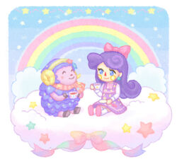 Rule 34 | 2girls, ^ ^, animal crossing, blue eyes, blue sky, blush, bow, closed eyes, closed mouth, cloud, commentary request, cup, curled horns, dress, earrings, etoile (animal crossing), furry, furry female, hair bow, hairband, hand up, hands up, holding, holding cup, horns, jewelry, kneehighs, long hair, long sleeves, lowres, moai (aoh), multiple girls, nintendo, on cloud, pinafore dress, pink bow, pink footwear, pink scarf, purple dress, purple hair, rainbow, saucer, scarf, sheep girl, shirt, shoes, sitting, sky, sleeveless, sleeveless dress, smile, socks, sphere earrings, star (symbol), striped clothes, striped scarf, tea, teacup, villager (animal crossing), white shirt, white socks, yellow hairband, yellow horns