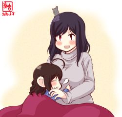 Rule 34 | 2girls, :3, aged down, ahoge, alternate costume, artist logo, black hair, blanket, blush, brown hair, child, closed eyes, commentary request, dated, grey sweater, hair ornament, highres, kanon (kurogane knights), kantai collection, long sleeves, multiple girls, nose bubble, open mouth, red eyes, shigure (kancolle), short hair, sleeping, smile, sweater, turtleneck, turtleneck sweater, under covers, yamashiro (kancolle)