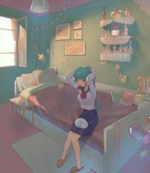 Rule 34 | 1girl, absurdres, animal, animal on lap, ascot, balloon, bed, blue collar, blue hair, blue skirt, bottle, bow, bowtie, candle, cat, cat on lap, collar, commentary, dog, dog slippers, hair tie, hands up, highres, indoors, kotonoha aoi, lamp, long hair, long sleeves, looking at viewer, mirror, mofu mofudog, mouth hold, on lap, paw print, pillow, ponytail, red bow, red bowtie, room, sailor collar, school uniform, serafuku, shelf, shirt, sitting, skirt, slippers, star (symbol), star ornament, star print, string of flags, tying hair, voiceroid, white shirt, window