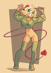 Rule 34 | 1girl, ahoge, arms up, blonde hair, blonde pubic hair, borrowed character, bottomless, cleft of venus, crop top, dancing, demon girl, demon tail, earrings, fang, female pubic hair, full body, green eyes, green sweater, green thighhighs, grin, highres, hoop, horns, hula hoop, jewelry, long tail, mocha (klimspree), navel, no shoes, original, petite, plantar flexion, pointy ears, pubic hair, pussy, red horns, red tail, short hair, simple background, smile, solo, sweater, tail, the pink pirate, thighhighs, uncensored, v-neck