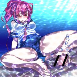 Rule 34 | 10s, 1girl, barefoot, blush, bubble, censored, feet, footjob, highres, i-168 (kancolle), kantai collection, okita ababa, penis, ponytail, red hair, school swimsuit, school uniform, sex, solo focus, swimsuit, swimsuit under clothes, toes, underwater, underwater sex