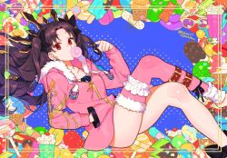 Rule 34 | 1girl, black hair, earrings, fate/grand order, fate (series), fur trim, hoop earrings, ishtar (fate), ishtar (swimsuit rider) (fate), jacket, jewelry, long hair, long sleeves, looking at viewer, parted bangs, red eyes, ribbon, sara (kurome1127), single thighhigh, solo, swimsuit, thighhighs