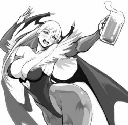 Rule 34 | 1girl, 20s, alcohol, animal print, arched back, arm up, bat (animal), bat print, bat wings, beer, beer mug, blush, breasts, bridal gauntlets, capcom, cleavage, clothing cutout, collarbone, cup, demon girl, drink, drooling, drunk, eyebrows, feather trim, feathers, female focus, greyscale, happy, head wings, heart, heart cutout, highleg, highleg leotard, highres, hime cut, holding, holding cup, large breasts, leaning forward, leotard, long hair, looking at viewer, low wings, monochrome, morrigan aensland, mug, open mouth, outstretched arm, shibusun, simple background, smile, solo, standing, thick thighs, thighs, tongue, vampire (game), white background, wide hips, wings