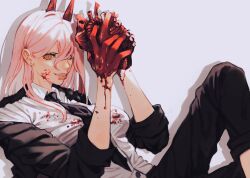 Rule 34 | 1girl, black jacket, black necktie, black pants, blood, blood on clothes, blood on face, blood on hands, chainsaw man, collared shirt, cross-shaped pupils, formal, hair over one eye, heart, heart (organ), holding, holding heart, horns, jacket, kozdoma, long hair, looking at viewer, necktie, non-web source, pants, pants rolled up, pink hair, power (chainsaw man), red eyes, red horns, sharp teeth, shirt, simple background, sleeves rolled up, smile, solo, suit, suit jacket, symbol-shaped pupils, teeth, white background, white shirt