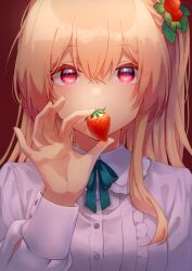 Rule 34 | 1girl, blonde hair, blue ribbon, breasts, collared shirt, covered mouth, crossed bangs, food, food-themed hair ornament, fruit, hair between eyes, hair ornament, hand up, harecaba, holding, holding food, leaf, long hair, long sleeves, medium breasts, neck ribbon, original, portrait, red background, red eyes, ribbon, shirt, solo, strawberry, strawberry hair ornament, white shirt