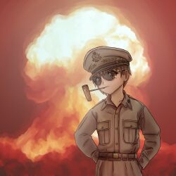 Rule 34 | 1boy, absurdres, animification, artist name, aviator eyewear, aviator sunglasses, belt, brown belt, brown eyes, brown hair, brown hat, brown pants, brown shirt, check gender, collarbone, collared shirt, commentary, douglas macarthur, english commentary, explosion, hand in pocket, hand on own hip, hat, hat ornament, head tilt, highres, kiln firelink, long sleeves, looking to the side, military, military hat, military uniform, mole, mole under eye, nuclear explosion, open collar, pants, peaked cap, real life, shirt, short hair, smoking pipe, solo, sunglasses, uniform, united states army, war, world war ii, yellow-framed eyewear