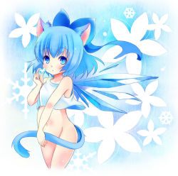 Rule 34 | 1girl, animal ears, bare shoulders, blue eyes, blue hair, bottomless, bow, cat ears, cat tail, cirno, flower, hair bow, heart, kemonomimi mode, matching hair/eyes, navel, short hair, solo, tail, takamoto akisa, tank top, touhou, wings