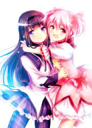 Rule 34 | 10s, 2girls, :d, akemi homura, bad id, bad pixiv id, black hair, bow, bubble skirt, choker, gloves, hair bow, hairband, highres, hug, kaname madoka, long hair, looking at viewer, magical girl, mahou shoujo madoka magica, mahou shoujo madoka magica (anime), multiple girls, open mouth, pantyhose, pink eyes, pink hair, purple eyes, short hair, short twintails, simple background, skirt, smile, twintails, unabara misumi, white background, white gloves, yuri