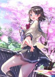 Rule 34 | 10s, 1girl, black skirt, black socks, blue eyes, blue sky, blush, book, brown hair, cherry blossoms, cloud, cloudy sky, day, eyebrows, eyes visible through hair, hair between eyes, highres, long sleeves, looking at viewer, looking back, love live!, love live! sunshine!!, manga (object), open mouth, outdoors, outstretched hand, petals, pleated skirt, ribbon, school uniform, serafuku, short hair, skirt, sky, socks, solo, standing, standing on one leg, swordsouls, thighhighs, tree, watanabe you, wind, wind lift, zettai ryouiki