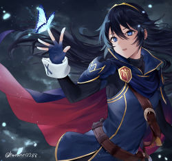 Rule 34 | 1girl, armor, belt, black sweater, blue butterfly, blue cape, blue eyes, blue gloves, blue hair, brown belt, bug, butterfly, cape, fingerless gloves, fire emblem, fire emblem awakening, floating hair, gloves, hair between eyes, haru (nakajou-28), highres, insect, long hair, long sleeves, lucina (fire emblem), nintendo, parted lips, red cape, ribbed sweater, shoulder armor, solo, sweater, symbol-shaped pupils, tiara, turtleneck, turtleneck sweater, twitter username, two-tone cape
