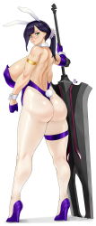 Rule 34 | 1girl, animal ears, ass, back, bare shoulders, black hair, breasts, cattleya (queen&#039;s blade), clenched hand, detached collar, fake animal ears, full body, glasses, gloves, green eyes, hair ornament, half gloves, high heels, highres, holding, holding sword, holding weapon, huge breasts, leotard, long hair, looking at viewer, looking back, low ponytail, mature female, nipples, pantyhose, playboy bunny, purple footwear, purple gloves, purple leotard, queen&#039;s blade, rabbit ears, rabbit tail, revealing clothes, rimless eyewear, shoulder blades, sideboob, simple background, solo, standing, sword, tail, thigh strap, weapon, weapon merchant cattleya, white background, white pantyhose, wrist cuffs, zcune