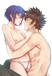 Rule 34 | 1boy, 1girl, abs, after kiss, black hair, blue eyes, blue hair, blush, breasts, couple, fire emblem, fire emblem awakening, girl on top, hetero, hug, imminent kiss, lips, lon&#039;qu (fire emblem), lucina (fire emblem), nintendo, nipples, panties, panties only, saliva, saliva trail, topless male, short hair, small breasts, spiked hair, straddling, topless, tusia, underwear, underwear only, upright straddle