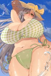 Rule 34 | 1girl, arm behind head, beach, bikini, breasts, cameltoe, character request, cleavage, copyright request, daniku, green eyes, grey hair, hat, hat ribbon, highres, huge breasts, long hair, looking at viewer, looking down, ribbon, standing, swimsuit, wet, yellow ribbon