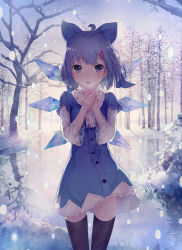 Rule 34 | 1girl, absurdres, adapted costume, ahoge, alternate costume, black thighhighs, blue eyes, blue hair, bow, breasts, breath, cirno, cowboy shot, day, hair bow, hair ornament, hairclip, highres, ice, ice wings, looking at viewer, matching hair/eyes, multiple girls, open mouth, own hands together, scarf, short hair, shouin, skinny, slender, small breasts, snow, snowing, solo, standing, thigh gap, thighhighs, touhou, tree, wings, winter