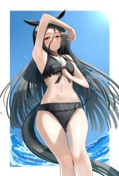 Rule 34 | 1girl, a.nori, absurdres, ahoge, animal ears, arm up, armpits, artist name, bikini, black bikini, black bow, black hair, blush, border, bow, breasts, cleavage, commentary request, cowboy, cowboy shot, ear ornament, hair between eyes, highres, horse ears, horse girl, horse tail, jewelry, lens flare, looking at viewer, manhattan cafe (the bubbles that i see with you) (umamusume), manhattan cafe (umamusume), midriff, multicolored hair, navel, necklace, official alternate costume, official alternate hairstyle, open mouth, outdoors, smile, solo, streaked hair, swimsuit, tail, umamusume, water, western, white border, white hair, yellow eyes