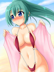 Rule 34 | 1girl, averting eyes, beach, bikini, blue eyes, blush, breasts, character request, cloud, day, embarrassed, green hair, large breasts, navel, nekomanma, nekomanma (byougatei), o-ring, o-ring bikini, original, outdoors, ponytail, presenting, sky, slingshot swimsuit, solo, swimsuit, towel