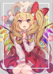 Rule 34 | 1girl, :d, absurdres, alternate hair length, alternate hairstyle, back bow, blonde hair, bow, bowtie, collared shirt, commentary request, crystal, dress, fang, finger to mouth, flandre scarlet, floral background, full body, grey background, hat, hat bow, highres, kawachi rin, long hair, long sleeves, looking at viewer, mob cap, one side up, open mouth, orange eyes, petticoat, pointy ears, red bow, red bowtie, red dress, seiza, shirt, sidelocks, sitting, skin fang, smile, solo, touhou, very long hair, white hat, white shirt, wings, wrist cuffs