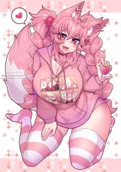 Rule 34 | 1girl, animal ears, blush, braid, breasts, choker, cleavage, curvy, fox ears, fox girl, fox tail, heart, highres, hood, hoodie, large breasts, long hair, long sleeves, looking at viewer, multicolored clothes, multicolored legwear, open mouth, original, osiimi, pink hair, pink hoodie, pink thighhighs, sitting, smile, solo, speech bubble, spoken heart, striped clothes, striped thighhighs, tail, teeth, thick thighs, thighhighs, thighs, twin braids, upper teeth only, very long hair, virtual youtuber, white thighhighs