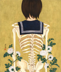 Rule 34 | 1girl, bone, brown hair, capelet, creepy, death, flower, from behind, guro, original, plant, ribs, short hair, skeleton, solo, spine, standing, text focus, yamamoto takato