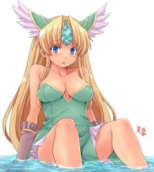 Rule 34 | 1girl, amane hasuhito, arm support, bad id, bad pixiv id, blonde hair, blue eyes, breasts, cleavage, elbow gloves, gloves, long hair, riesz, seiken densetsu, seiken densetsu 3, sitting, solo, very long hair, water, wet