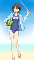 Rule 34 | 1girl, :d, alternate costume, blue sweater, brown eyes, brown hair, food, fruit, full body, holding, holding food, holding fruit, holding stick, hood, hoodie, kantai collection, kumadano, miyuki (kancolle), name tag, old school swimsuit, one-piece swimsuit, open mouth, sandals, school swimsuit, short hair, smile, solo, stick, sweater, swimsuit, sword, watermelon, weapon, wooden sword