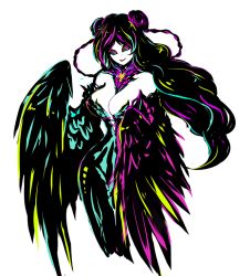 Rule 34 | 1girl, abstract, breasts, cleavage, crimtrus, harpy, high contrast, large breasts, long hair, monster girl, multicolored hair, noroshi, original, simple background, smile, solo, white background, winged arms, wings