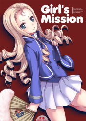 Rule 34 | 10s, 1girl, bc freedom (emblem), bc freedom military uniform, blonde hair, blue eyes, blue jacket, closed mouth, copyright name, cowboy shot, drill hair, emblem, hand fan, from side, girls und panzer, girls und panzer saishuushou, highres, holding, jacket, long hair, long sleeves, looking at viewer, marie (girls und panzer), paper fan, pleated skirt, content rating, sasakawa arumi, skirt, smile, solo, standing, white skirt