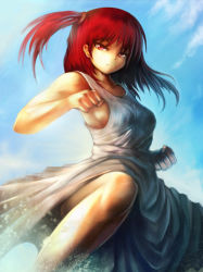 Rule 34 | 1girl, :t, breasts, clenched hands, cloud, day, fighting stance, legs, magi the labyrinth of magic, medium breasts, morgiana, pout, red eyes, red hair, revision, side ponytail, sideboob, sky, solo, yilx