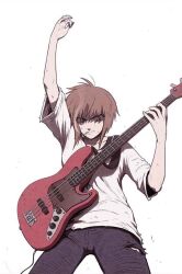 Rule 34 | 1girl, ahoge, arms up, bass guitar, black pants, cigarette, closed mouth, guitar, hands up, instrument, light brown hair, long hair, pants, shirt, simple background, solo, sweet home (manhwa), very long hair, white background, white eyes, white shirt, yoon ji-soo