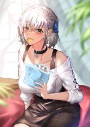 Rule 34 | 1girl, absurdres, black choker, blue nails, blurry, blurry background, blush, braid, brown skirt, casual, choker, feet out of frame, food, green eyes, grey hair, hair ribbon, highres, holding, holding food, hololive, looking at viewer, medium hair, misa pika, mouth hold, nail polish, off shoulder, plaid, plaid skirt, ribbon, shirogane noel, shirogane noel (casual), side braid, sitting, skirt, snowflake choker, solo, sweater, virtual youtuber, white sweater