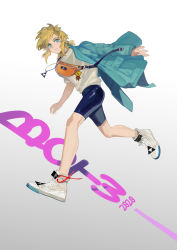 Rule 34 | 1boy, 2020, :o, arm out of sleeve, bag charm, blonde hair, blue jacket, casual, charm (object), cross-laced footwear, earrings, fanny pack, from side, full body, grey background, highres, humanization, jacket, jewelry, link, long sleeves, looking at viewer, looking to the side, low ponytail, male focus, nanjou (sumeragimishiro), necklace, nintendo, pendant, pocket, ponytail, running, shirt, shoes, short sleeves, sidelocks, skin tight, sneakers, solo, stud earrings, t-shirt, the legend of zelda, the legend of zelda: breath of the wild, white footwear, white shirt