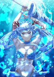 Rule 34 | 1girl, absurdres, armor, armpits, arms up, bare shoulders, bikini armor, black clover, blue eyes, grey hair, hair ribbon, highres, holding, holding polearm, holding weapon, ikecchi (hayato moon), looking at viewer, mermaid, monster girl, noelle silva, polearm, ribbon, solo, stomach, tiara, twintails, underwater, weapon