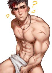 Rule 34 | 1boy, abs, bara, greenteaa, highres, jewelry, large pectorals, male focus, mature male, muscular, muscular male, naked towel, navel, necklace, nipples, original, pectorals, short hair, solo, spiked hair, thick eyebrows, towel