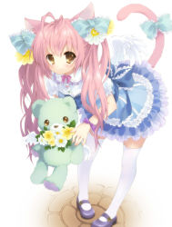 Rule 34 | 1girl, animal ears, bent over, bow, cat ears, cat tail, colorized, flower, frills, hair bow, highres, long hair, nano00, original, pink hair, simple background, smile, solo, stuffed animal, stuffed toy, tail, teddy bear, thighhighs, white background, white thighhighs, yellow eyes