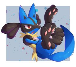 Rule 34 | commentary, creatures (company), fang, full body, furry, game freak, gen 4 pokemon, highres, lucario, nintendo, nullma, open mouth, outside border, pokemon, pokemon (creature), solo, spikes, toes, tongue, yellow fur