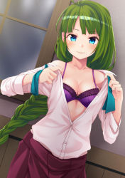 Rule 34 | 1girl, ahoge, blouse, blue bow, blue bowtie, blue eyes, blush, bow, bowtie, bra, braid, breasts, cleavage, collarbone, green hair, highres, indoors, kantai collection, lingerie, long hair, long sleeves, looking at viewer, medium breasts, mofu namako, mole, mole under mouth, night, open clothes, open shirt, parted lips, partially unbuttoned, purple bra, purple skirt, school uniform, shirt, sidelocks, single braid, skirt, smile, solo, tongue, underwear, undressing, untied, upper body, very long hair, white shirt, window, yuugumo (kancolle)