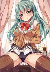 Rule 34 | 10s, 1girl, aqua eyes, aqua hair, black panties, blush, bra, breasts, brown thighhighs, cameltoe, cleavage, cleft of venus, clothes lift, commentary request, hair ornament, hairclip, has bad revision, highres, kantai collection, lamp, light smile, long hair, looking at viewer, md5 mismatch, medium breasts, panties, remodel (kantai collection), resolution mismatch, school uniform, skirt, skirt lift, smile, solo, source smaller, spread legs, squatting, suzuya (kancolle), thighhighs, unacchi (nyusankin), underwear
