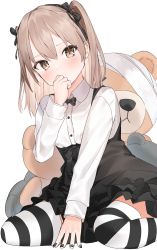 Rule 34 | 1girl, absurdres, black bow, black bowtie, black hairband, black skirt, blush, boko (girls und panzer), bow, bowtie, brown eyes, brown hair, clip studio paint (medium), closed mouth, collared shirt, commentary request, frilled skirt, frills, girls und panzer, hair between eyes, hair bow, hairband, hand to own mouth, hand up, highres, idemitsu, long hair, looking at viewer, shimada arisu, shirt, sitting, skirt, smile, solo, striped clothes, striped thighhighs, stuffed animal, stuffed toy, teddy bear, thighhighs, two side up, wariza, white background, white shirt